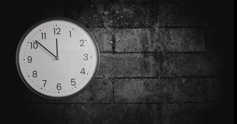 Image of clock ticking over brick wall background Stock Illustration