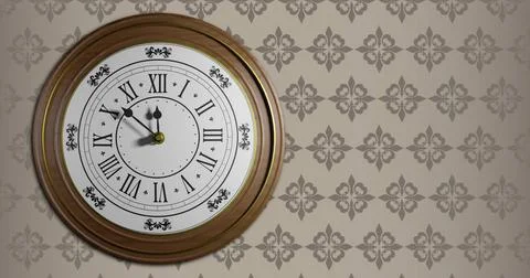 Image of clock ticking over pattern on brown background Stock Illustration