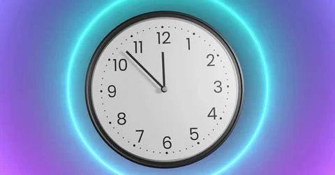 Image of clock ticking over pink circles background Stock Illustration
