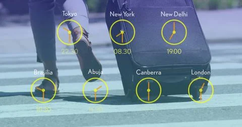 Image of clocks with time in time zones over man walking with suitcase Stock Illustration