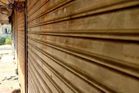 Image of close shutter and door are lock during lock down in India Stock Photos