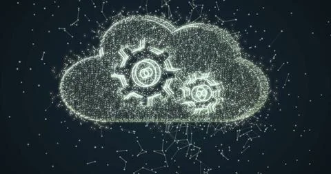 Image of cloud and cogs digital icon with network of connections over black Illustrazione stock