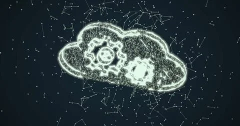 Image of cloud and cogs digital icon with network of connections over black Illustrazione stock
