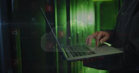 Image of cloud and data processing over asian man using laptop Stock Photos