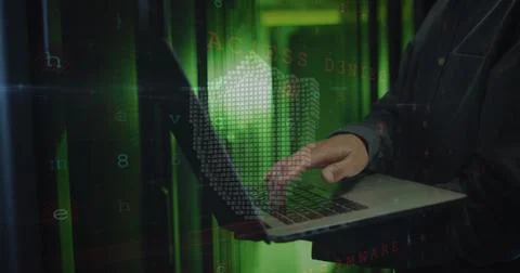 Image of cloud and data processing over asian man using laptop Stock Photos