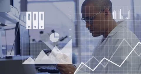Image of cloud and data processing over african american male scientist using Stock Photos