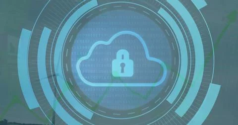 Image of cloud and padlock with data processing over dark background Stock Photos