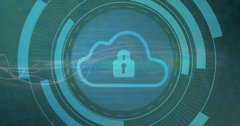 Image of cloud and padlock with data processing over dark background Stock Photos