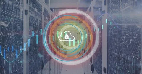 Image of cloud and padlock icon, security scanner and processing data over Foto stock