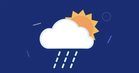 Image of cloud and sun icon over shapes on blue background Stock Illustration