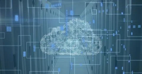 Image of cloud, circuit board and data processing over computer servers Stock Illustration