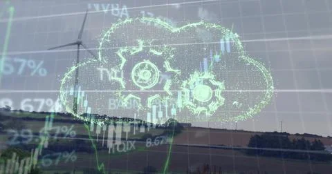 Image of cloud with cogs and financial data processing over wind turbine Foto stock