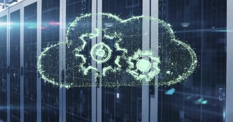 Image of cloud with cogs with data processing over computer servers Stock Photos