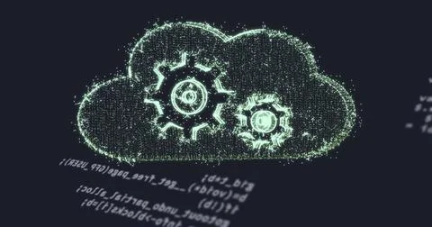 Image of cloud with cogs over data processing on black background Illustrazione stock