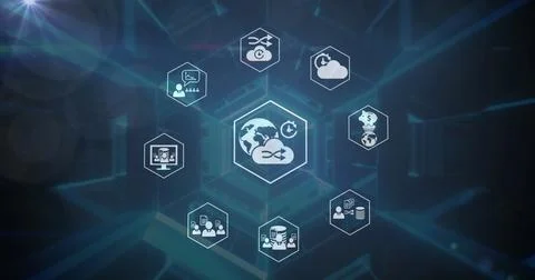 Image of cloud computing, business and finance icons in hexagon shapes moving in Stockillustratie