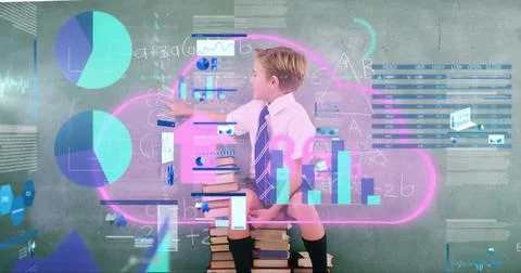 Image of cloud with data processing over caucasian schoolboy Stock Photos