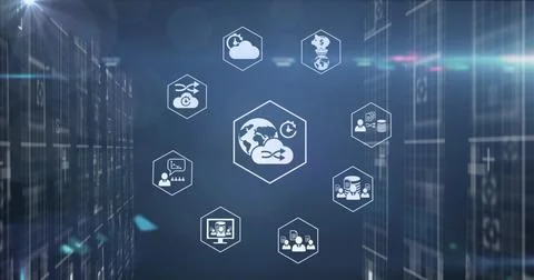 Image of cloud, data transfer and business networking icons over glowing screens Stock Photos
