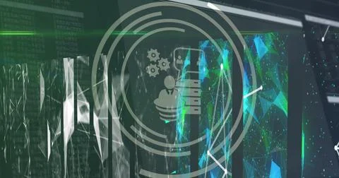 Image of cloud, data transfer and business networking icons over glowing screens Stock Photos
