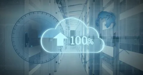 Image of cloud data upload icon, round scanner and data processing against Illustrazione stock