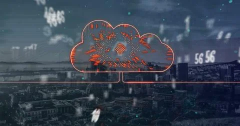 Image of cloud with flames and glowing motherboard over data processing and Foto stock