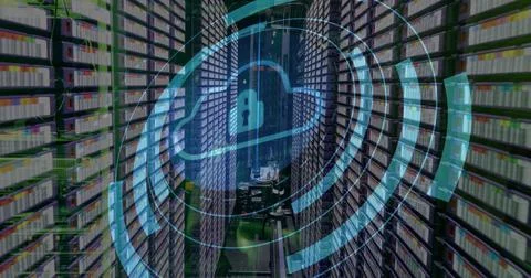 Image of cloud icon and data processing over server room Illustrazione stock