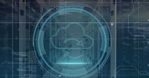 Image of cloud icon and data processing over computer servers Stock Photos