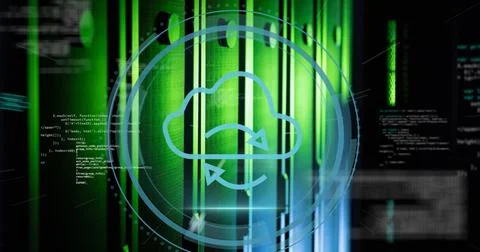 Image of cloud icon and data processing over computer servers Stock Photos