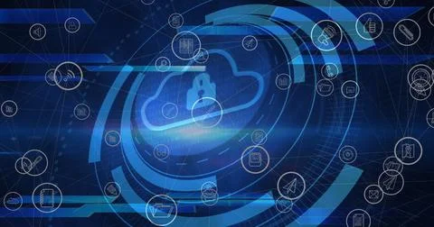 Image of cloud icon and data processing over media icons 스톡 사진