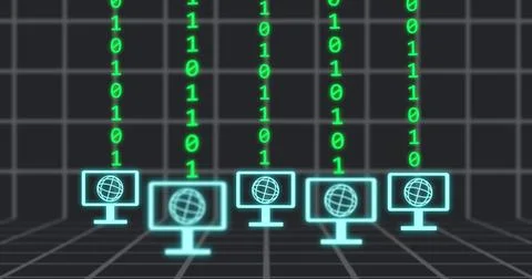 Image of cloud icon and digital screens over binary coding Stock Photos