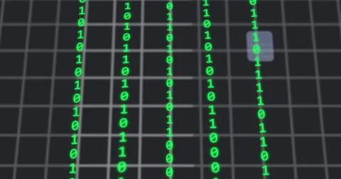 Image of cloud icon and digital screens over binary coding Stock Photos