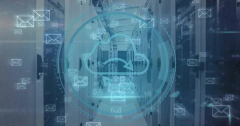 Image of cloud icon and digital data processing over computer servers 스톡 사진