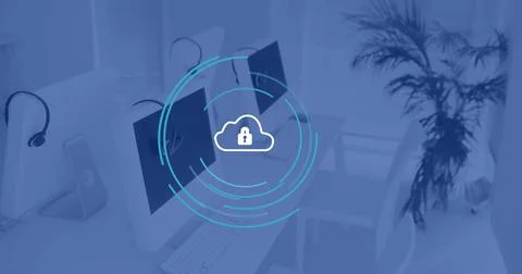 Image of cloud icon and scope over computers in office, copy space Stock Photos