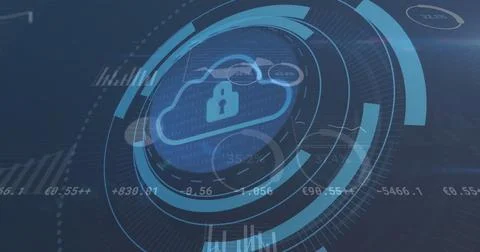 Image of cloud icon and security padlock icon over statistical and stock market Stock Illustration