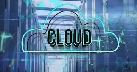 Image of cloud icon and text banner over data processing against computer server 스톡 일러스트