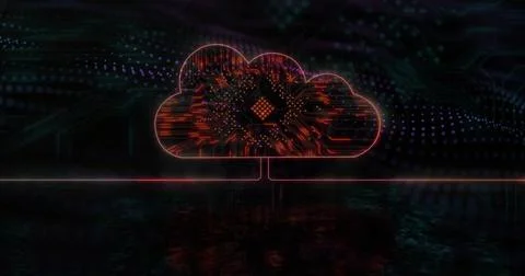 Image of cloud icon with computer circuit board over spots on black background Stock Photos