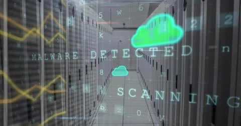 Image of cloud icon, data processing text and connections over computer servers Stock Photos