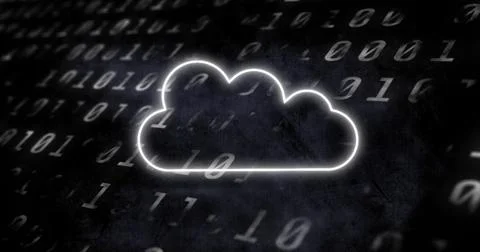 Image of cloud icon flickering over changing binary coding on black background Stock Illustration