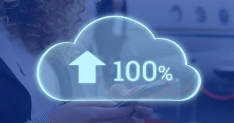 Image of cloud icon with growing number over caucasian businesswoman using Stock Photos