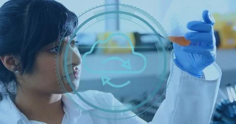 Image of cloud icon over biracial female scientist 写真素材