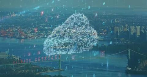 Image of cloud icon over cityscape 스톡 사진