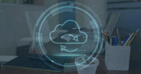 Image of cloud icon over data processing and laptop Stock Photos