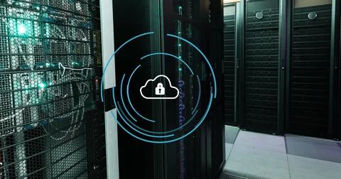 Image of cloud icon over data processing and server room Stock Photos