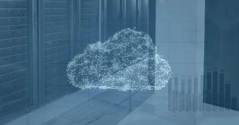 Image of cloud icon over statistical data processing against server room Stock Photos