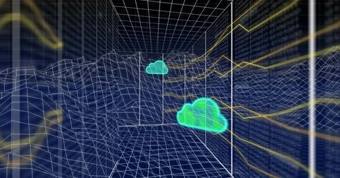 Image of cloud icons and data processing over metaverse grid Stock Photos
