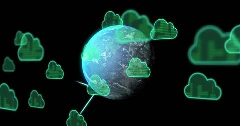 Image of cloud icons and data processing over globe Stock Photos