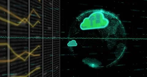 Image of cloud icons and data processing over globe Stock Photos