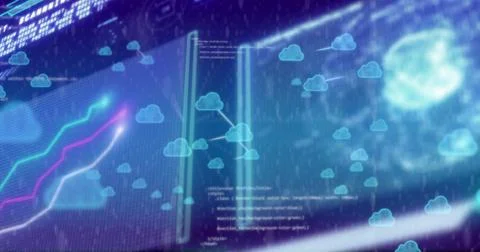 Image of cloud icons and data processing over screens Stock Photos