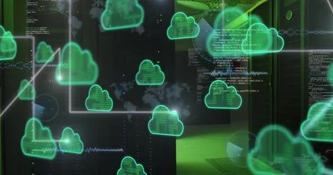 Image of cloud icons and data processing over computer servers Stock Photos