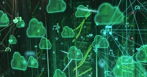 Image of cloud icons and data processing over computer servers 스톡 사진