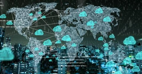 Image of cloud icons and data processing over world map Fotos de archivo